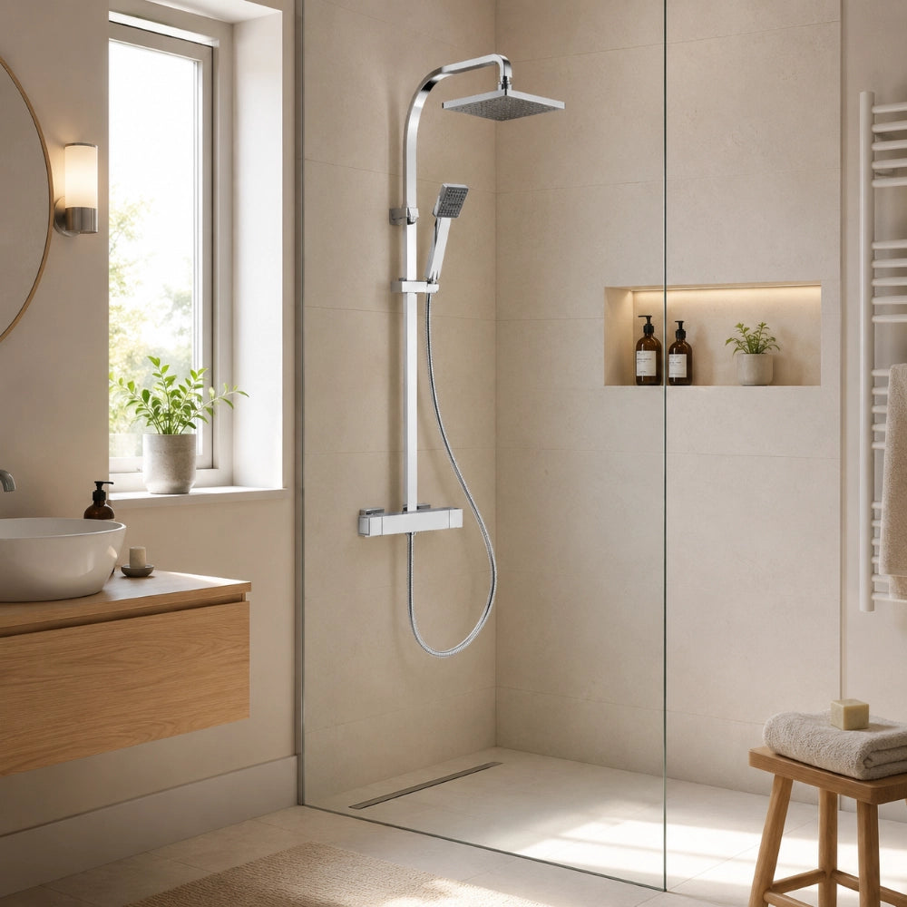 Zen Comfort Square Thermostatic Single Handle Bath Mixer + Top Shower + Hande Shower RF4373-2S