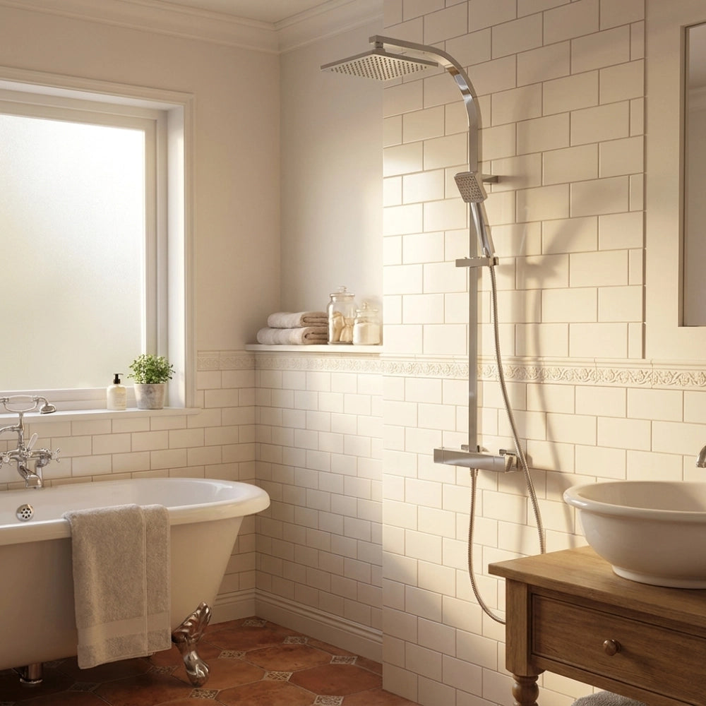 Zen Comfort Square Thermostatic Single Handle  Bath Mixer + Top Shower + Hande Shower RF4373-2S
